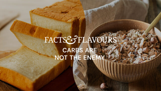 Vibrant image of healthy carbs with overlayed text: Facts & Flavours - carbs are not the enemy