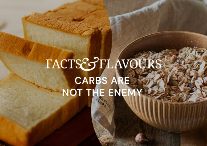 Vibrant image of healthy carbs with overlayed text: Facts & Flavours - carbs are not the enemy