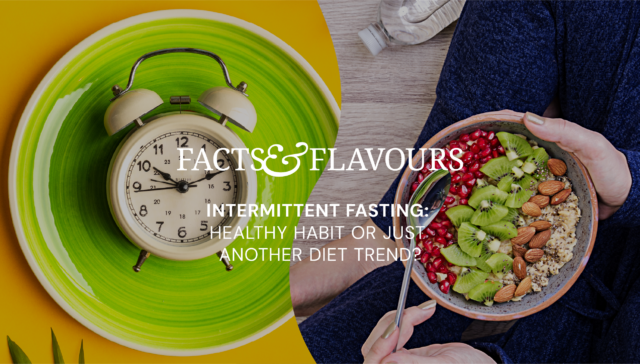Intermittent fasting concept with clock and healthy breakfast bowl with fruit and nuts