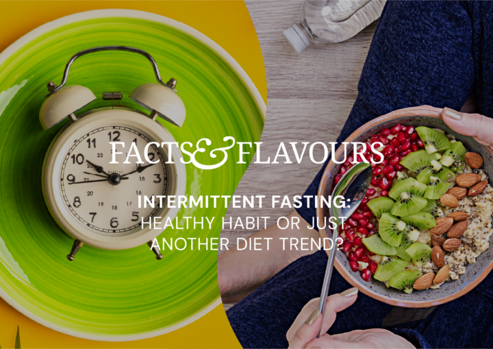 Intermittent fasting concept with clock and healthy breakfast bowl with fruit and nuts