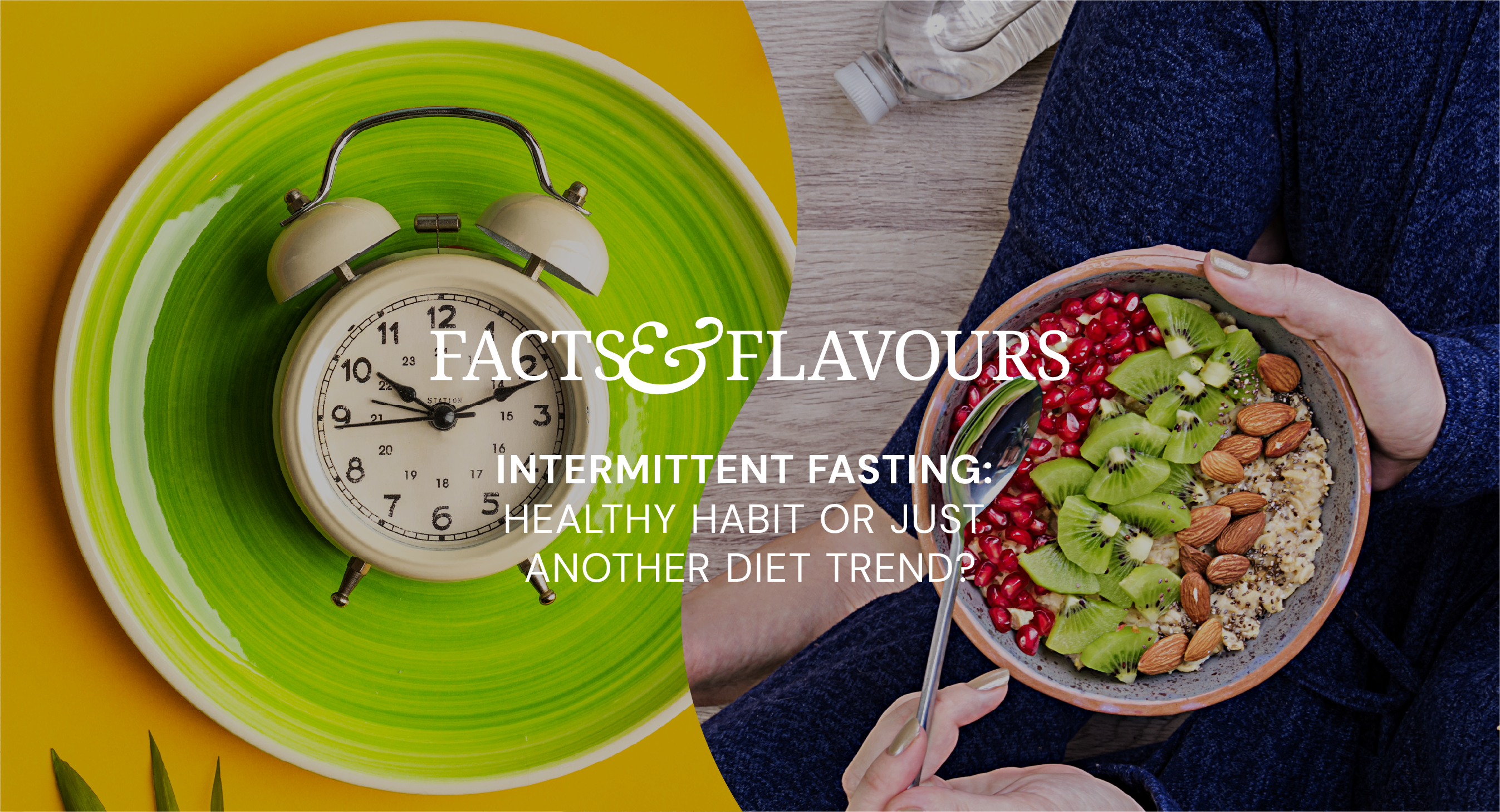 Intermittent fasting concept with clock and healthy breakfast bowl with fruit and nuts