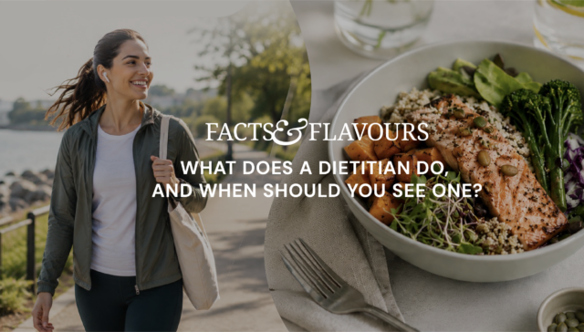 Woman walking outdoors beside healthy balanced meal representing sustainable nutrition and dietitian support