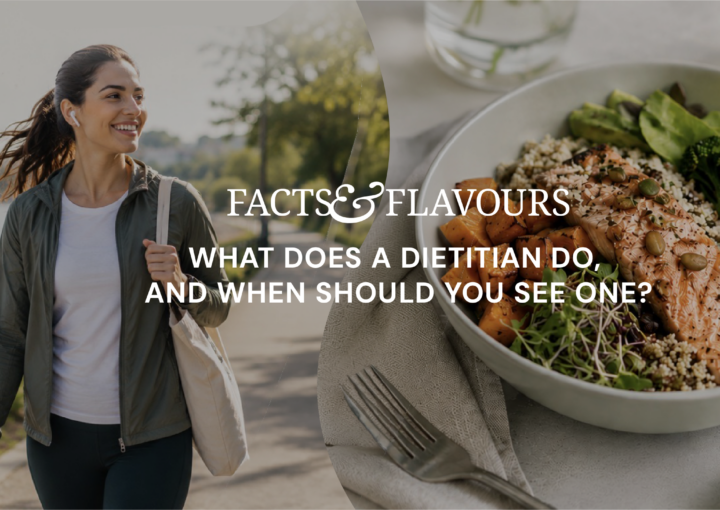 Woman walking outdoors beside healthy balanced meal representing sustainable nutrition and dietitian support