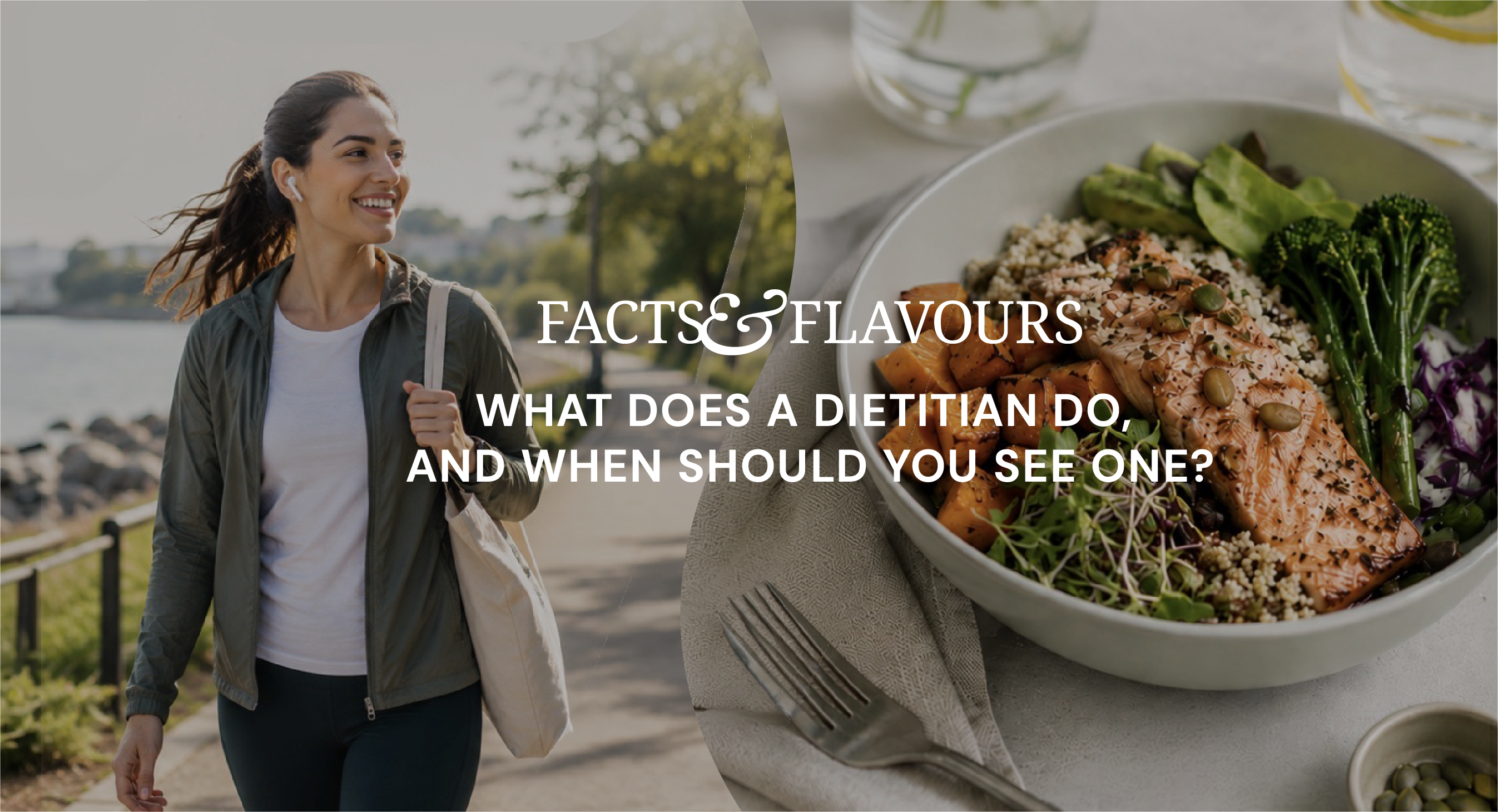 Woman walking outdoors beside healthy balanced meal representing sustainable nutrition and dietitian support
