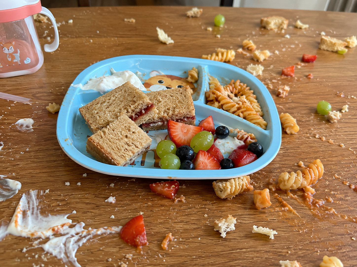 Partially eaten children's meal with food scattered across a table, illustrating picky eating in children and common mealtime challenges faced by families.