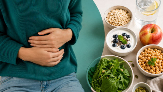Woman holding her stomach alongside fibre-rich foods including oats, yoghurt, leafy greens, chickpeas, fruit and water, illustrating common causes of bloating and gut health.