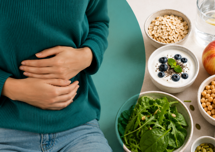Woman holding her stomach alongside fibre-rich foods including oats, yoghurt, leafy greens, chickpeas, fruit and water, illustrating common causes of bloating and gut health.