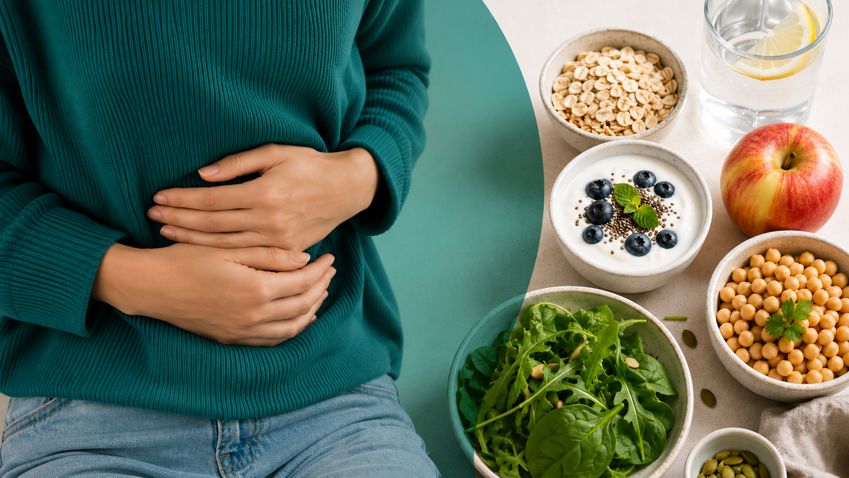 Woman holding her stomach alongside fibre-rich foods including oats, yoghurt, leafy greens, chickpeas, fruit and water, illustrating common causes of bloating and gut health.
