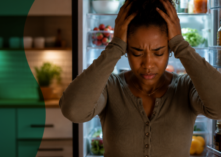 A woman standing in front of an open refrigerator, reflecting on persistent hunger and what the body's hunger signals may be trying to communicate.