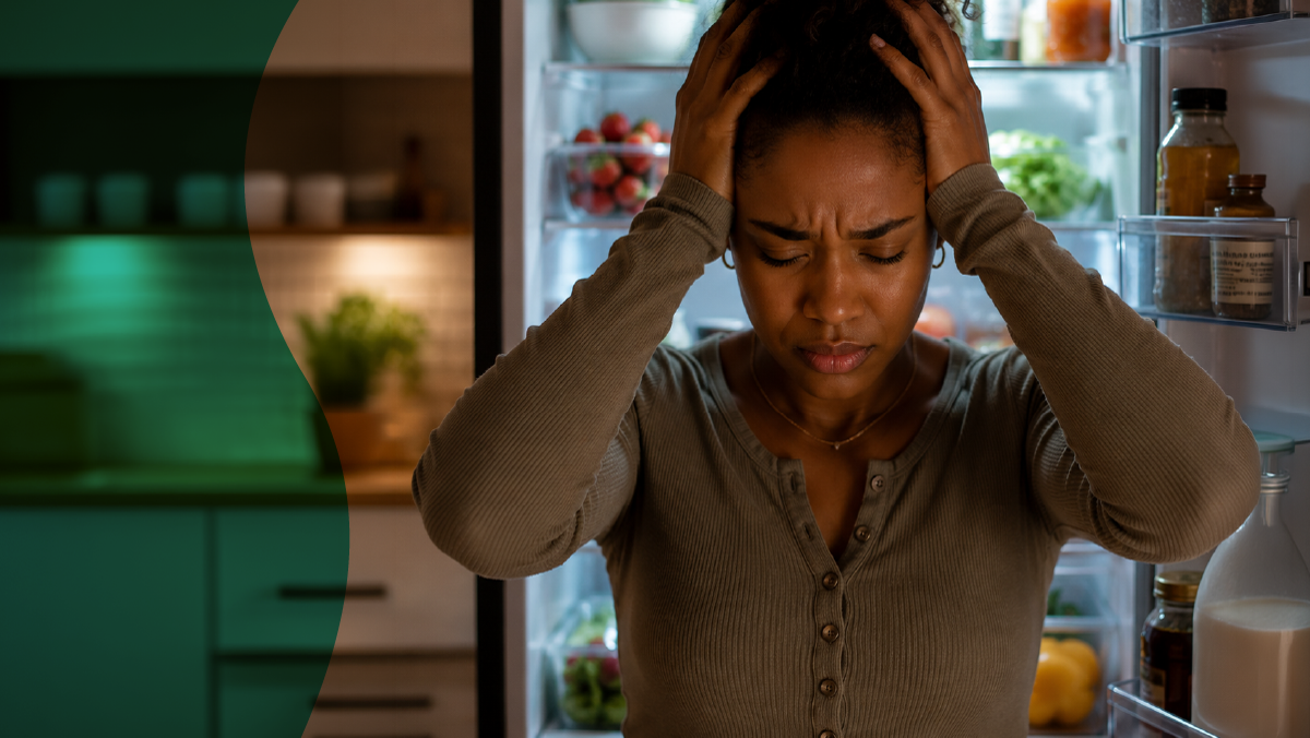 A woman standing in front of an open refrigerator, reflecting on persistent hunger and what the body's hunger signals may be trying to communicate.