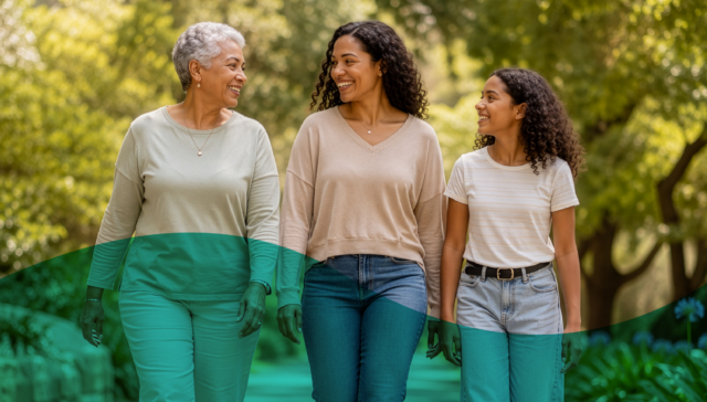 Three generations of women walking together, representing the importance of bone health throughout a woman's life.