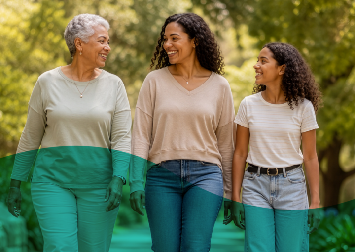 Three generations of women walking together, representing the importance of bone health throughout a woman's life.