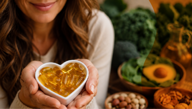 Woman holding omega-3 supplements with avocado, nuts and leafy greens representing nutrition for women’s heart health.