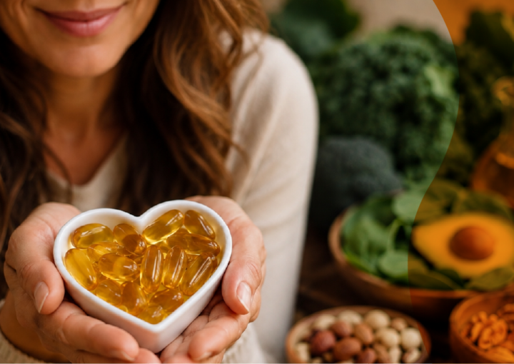 Woman holding omega-3 supplements with avocado, nuts and leafy greens representing nutrition for women’s heart health.